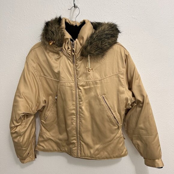 Vintage Y2K Obermeyer Northern Lights Ski Jacket Coat Faux Fur Collar Tan Sz 10 - Picture 1 of 13
